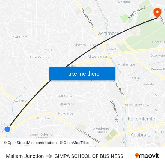 Mallam Junction to GIMPA SCHOOL OF BUSINESS map