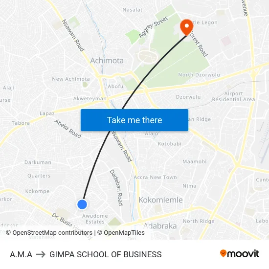 A.M.A to GIMPA SCHOOL OF BUSINESS map
