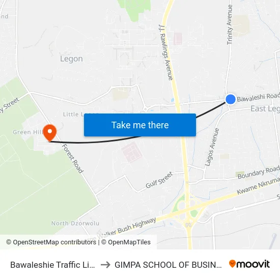 Bawaleshie Traffic Light to GIMPA SCHOOL OF BUSINESS map