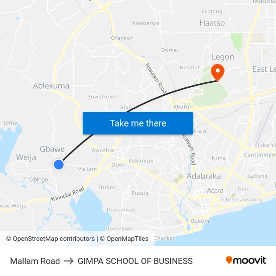 Mallam Road to GIMPA SCHOOL OF BUSINESS map