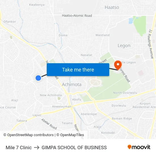 Mile 7 Clinic to GIMPA SCHOOL OF BUSINESS map