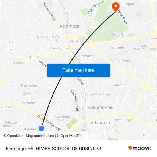 Flamingo to GIMPA SCHOOL OF BUSINESS map