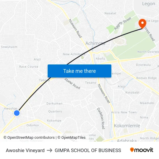 Awoshie Vineyard to GIMPA SCHOOL OF BUSINESS map