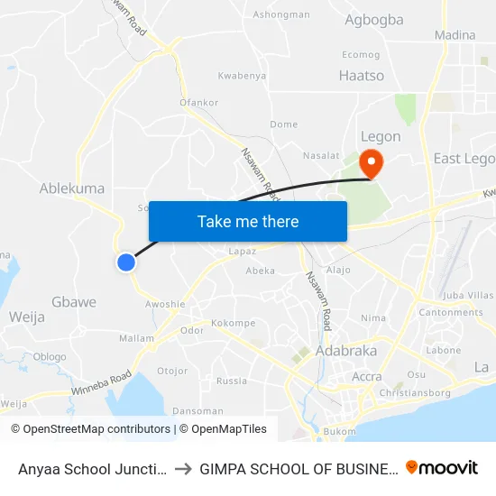 Anyaa School Junction to GIMPA SCHOOL OF BUSINESS map