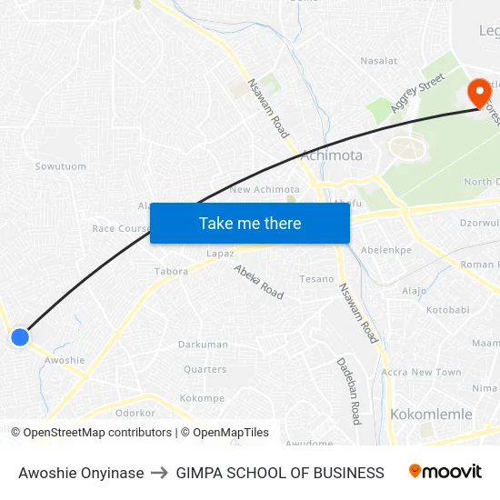 Awoshie Onyinase to GIMPA SCHOOL OF BUSINESS map