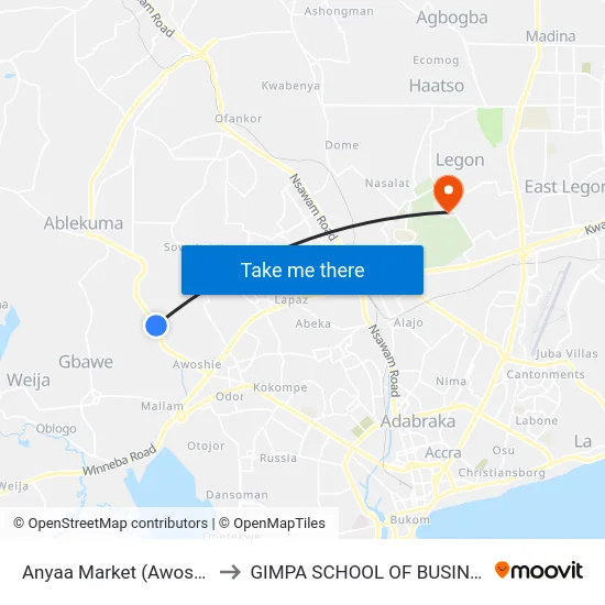 Anyaa Market (Awoshie) to GIMPA SCHOOL OF BUSINESS map