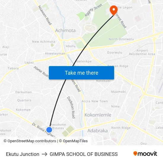 Ekutu Junction to GIMPA SCHOOL OF BUSINESS map