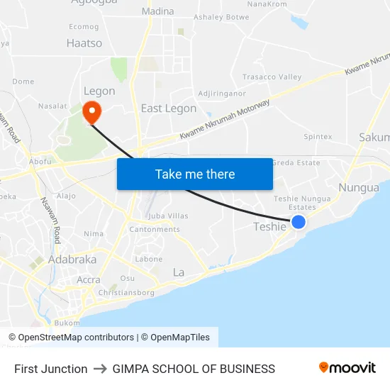 First Junction to GIMPA SCHOOL OF BUSINESS map