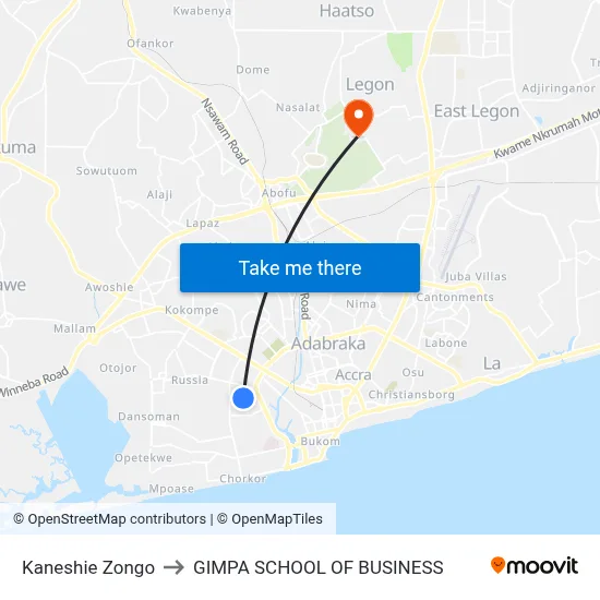 Kaneshie Zongo to GIMPA SCHOOL OF BUSINESS map