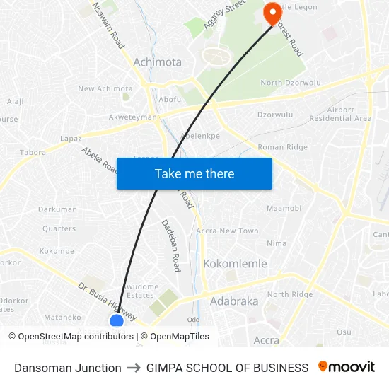 Dansoman Junction to GIMPA SCHOOL OF BUSINESS map