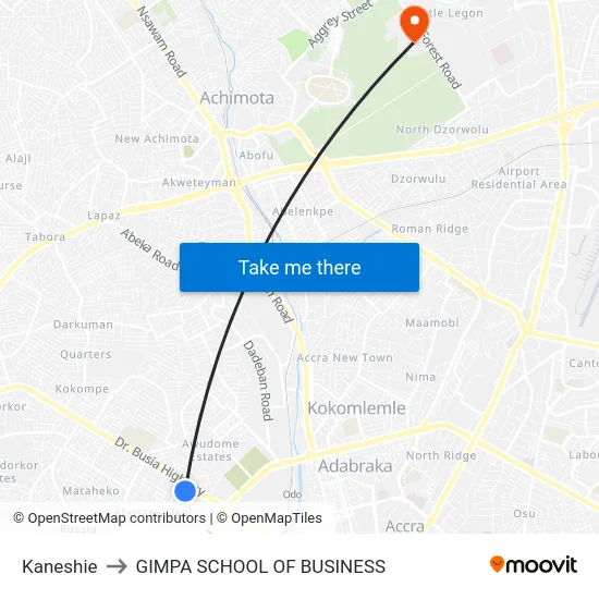 Kaneshie to GIMPA SCHOOL OF BUSINESS map