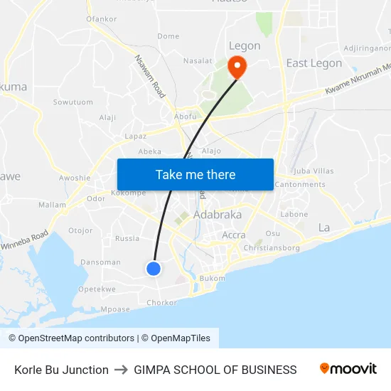 Korle Bu Junction to GIMPA SCHOOL OF BUSINESS map