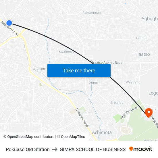 Pokuase Old Station to GIMPA SCHOOL OF BUSINESS map