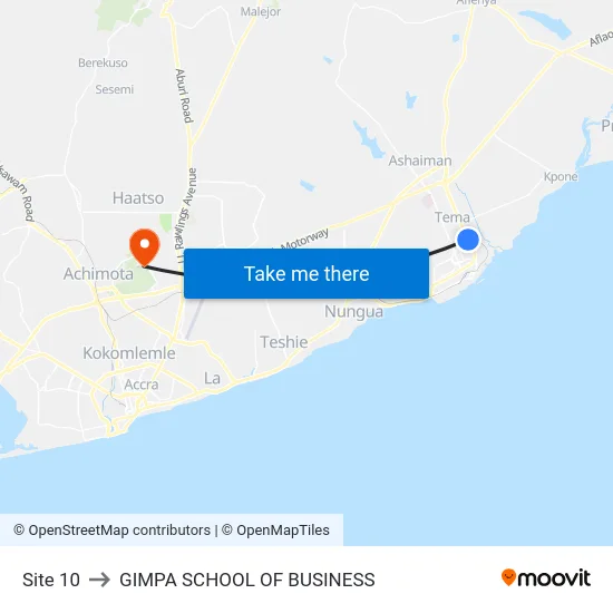 Site 10 to GIMPA SCHOOL OF BUSINESS map