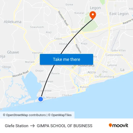 Glefe Station to GIMPA SCHOOL OF BUSINESS map