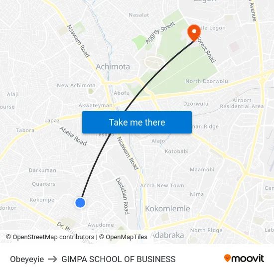 Obeyeyie to GIMPA SCHOOL OF BUSINESS map