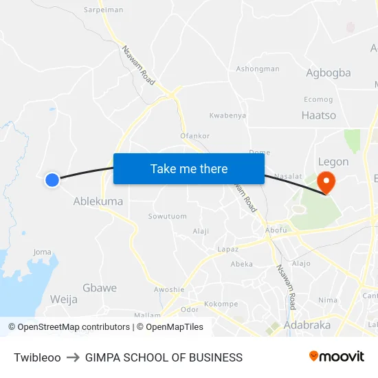 Twibleoo to GIMPA SCHOOL OF BUSINESS map