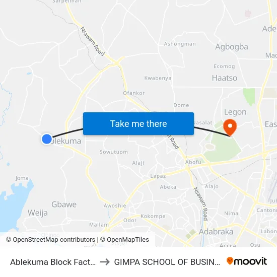 Ablekuma Block Factory to GIMPA SCHOOL OF BUSINESS map