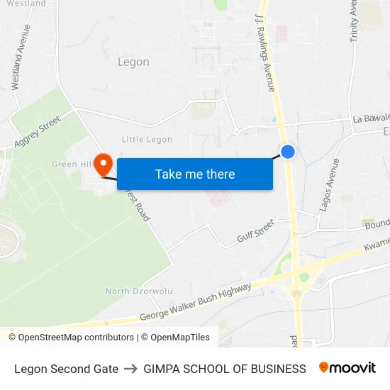 Legon Second Gate to GIMPA SCHOOL OF BUSINESS map