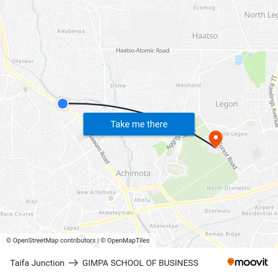 Taifa Junction to GIMPA SCHOOL OF BUSINESS map
