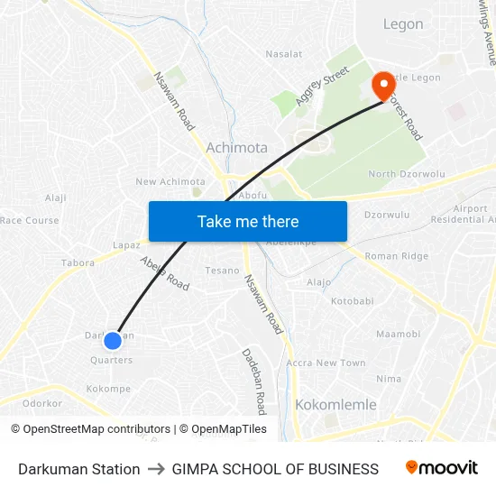 Darkuman Station to GIMPA SCHOOL OF BUSINESS map