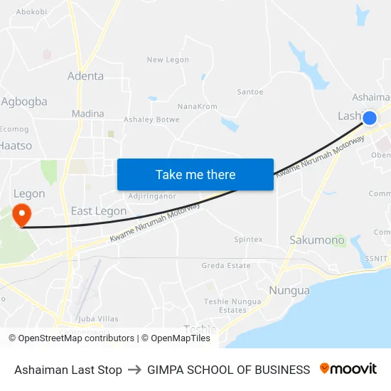Ashaiman Last Stop to GIMPA SCHOOL OF BUSINESS map