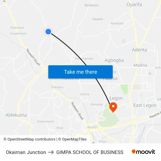 Okaiman Junction to GIMPA SCHOOL OF BUSINESS map