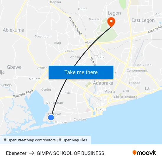 Ebenezer to GIMPA SCHOOL OF BUSINESS map