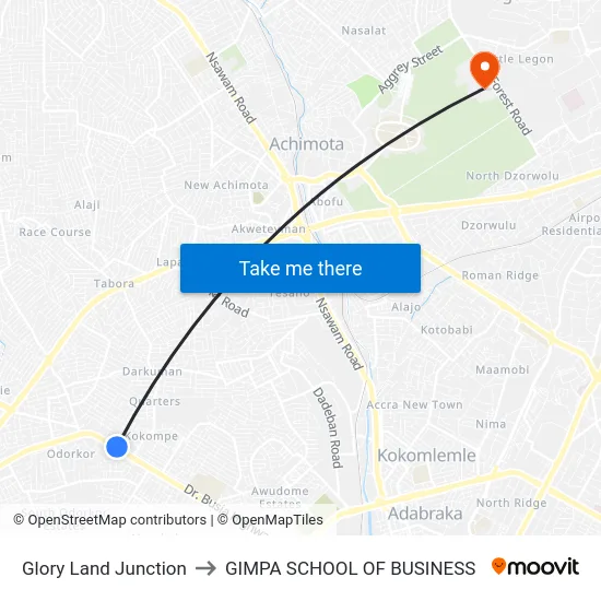 Glory Land Junction to GIMPA SCHOOL OF BUSINESS map