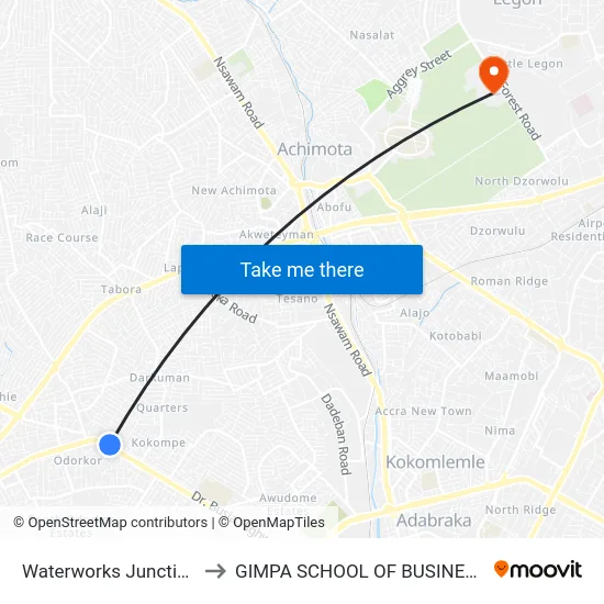 Waterworks Junction to GIMPA SCHOOL OF BUSINESS map