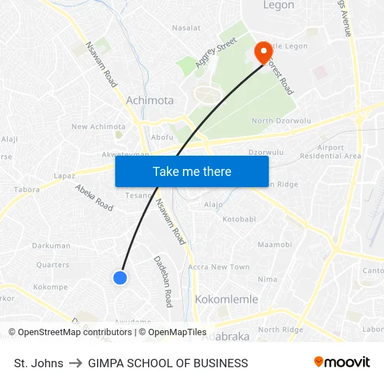 St. Johns to GIMPA SCHOOL OF BUSINESS map
