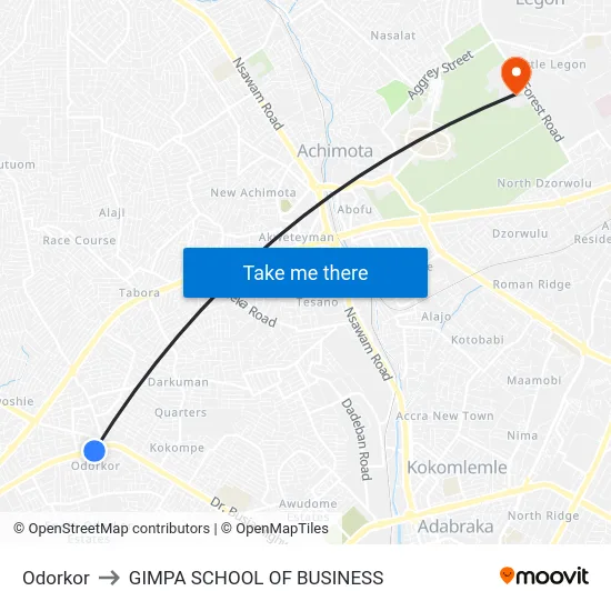 Odorkor to GIMPA SCHOOL OF BUSINESS map
