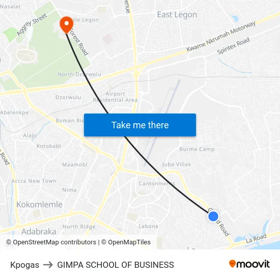 Kpogas to GIMPA SCHOOL OF BUSINESS map