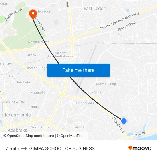 Zenith to GIMPA SCHOOL OF BUSINESS map