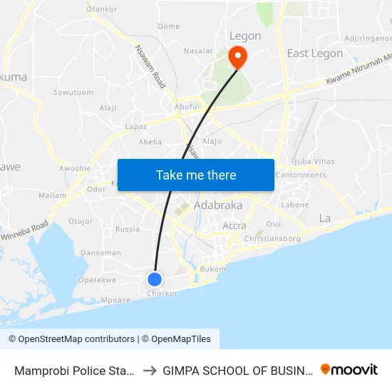 Mamprobi Police Station to GIMPA SCHOOL OF BUSINESS map