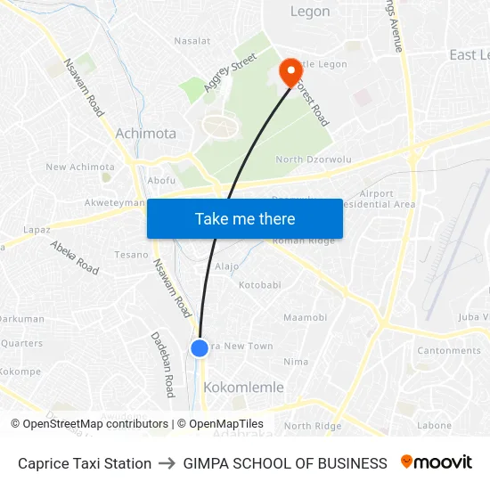 Caprice Taxi Station to GIMPA SCHOOL OF BUSINESS map