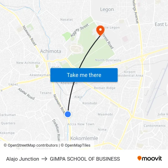 Alajo Junction to GIMPA SCHOOL OF BUSINESS map