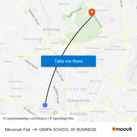Nkrumah Flat to GIMPA SCHOOL OF BUSINESS map