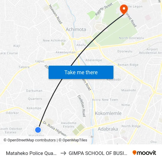 Mataheko Police Quarters to GIMPA SCHOOL OF BUSINESS map
