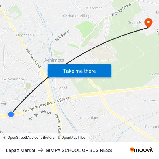 Lapaz Market to GIMPA SCHOOL OF BUSINESS map