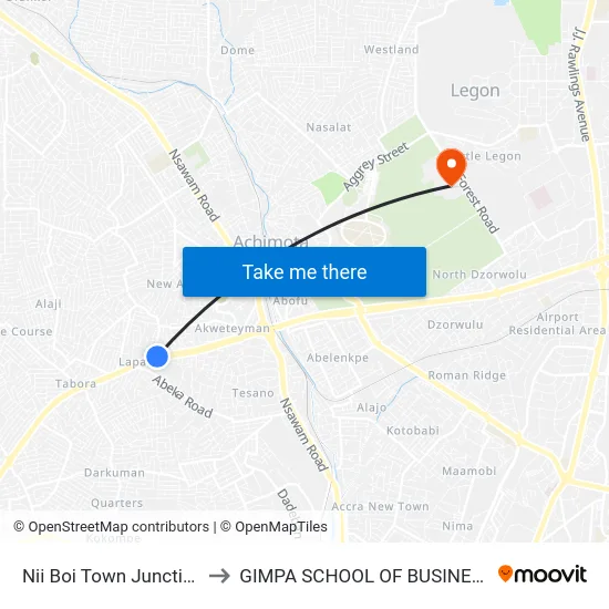 Nii Boi Town Junction to GIMPA SCHOOL OF BUSINESS map