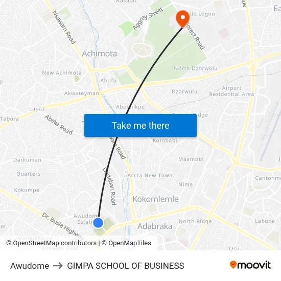 Awudome to GIMPA SCHOOL OF BUSINESS map
