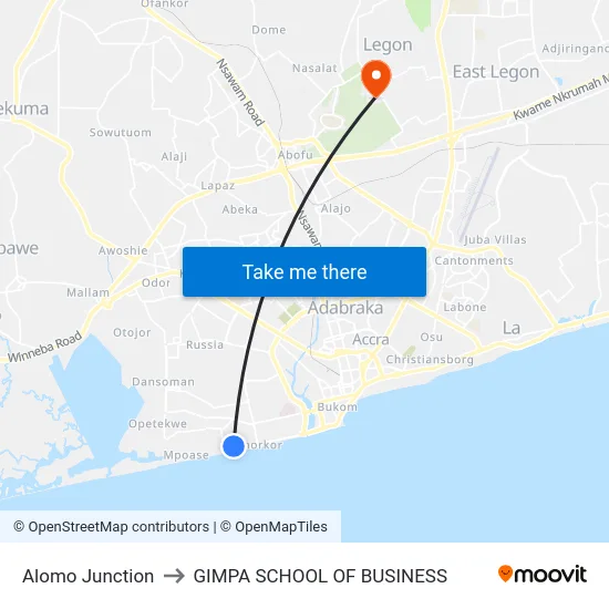 Alomo Junction to GIMPA SCHOOL OF BUSINESS map