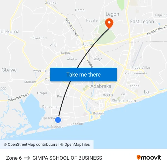 Zone 6 to GIMPA SCHOOL OF BUSINESS map