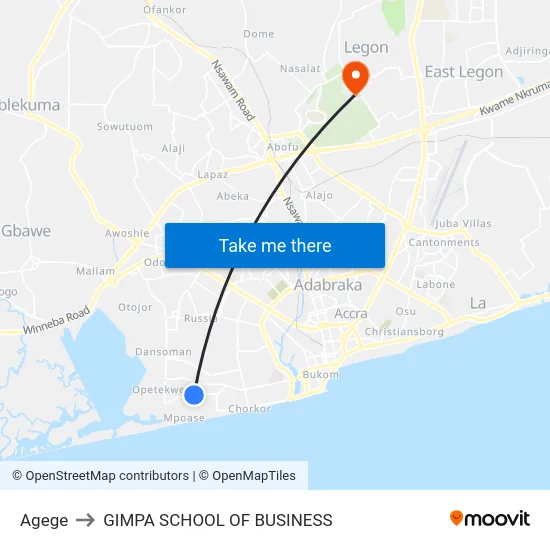 Agege to GIMPA SCHOOL OF BUSINESS map