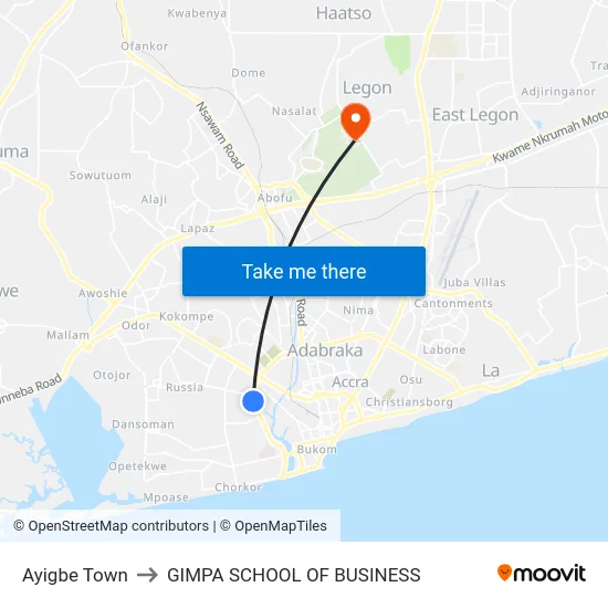 Ayigbe Town to GIMPA SCHOOL OF BUSINESS map