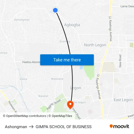 Ashongman to GIMPA SCHOOL OF BUSINESS map