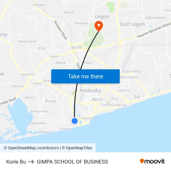 Korle Bu to GIMPA SCHOOL OF BUSINESS map