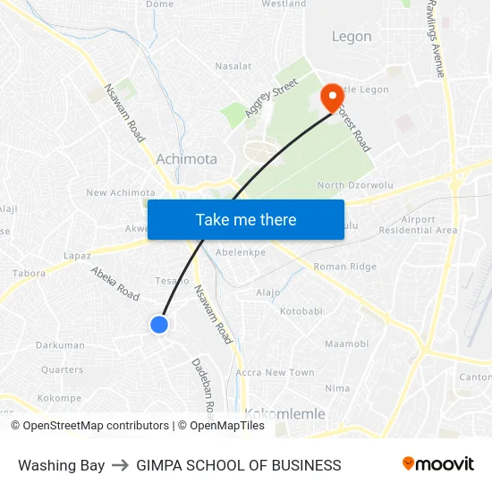 Washing Bay to GIMPA SCHOOL OF BUSINESS map