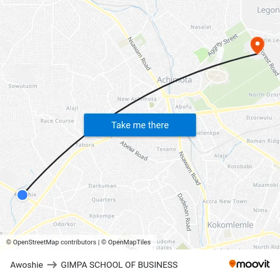 Awoshie to GIMPA SCHOOL OF BUSINESS map